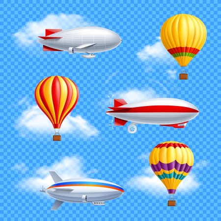 Realistic colored airship icon set air balloons and dirigible on transparent background vector illustrationのイラスト素材