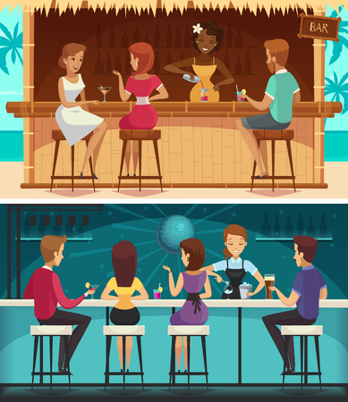Beach bar and evening bar cartoon horizontal banners with female staff and people at bar counter flat vector illustrationのイラスト素材