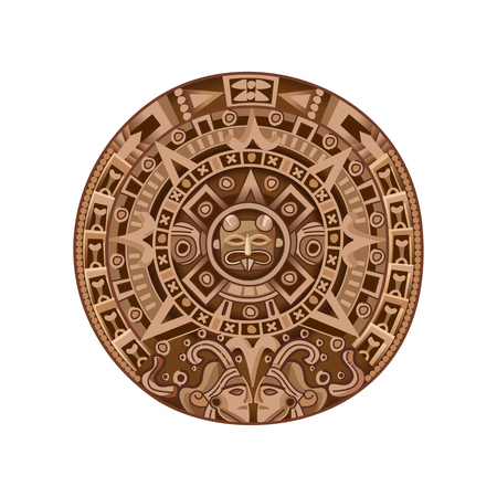 Round ancient mayan calendar colored isolated decorative element on white background cartoon vector illustration のイラスト素材