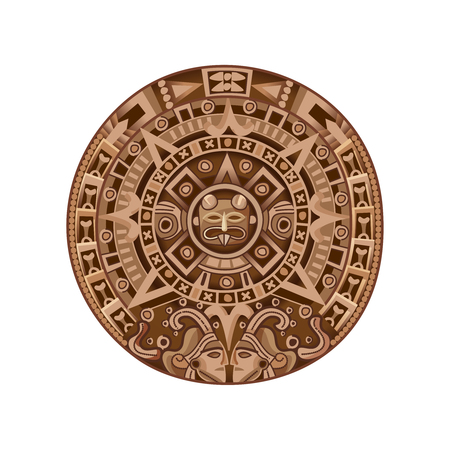 Round ancient mayan calendar colored isolated decorative element on white background cartoon vector illustration