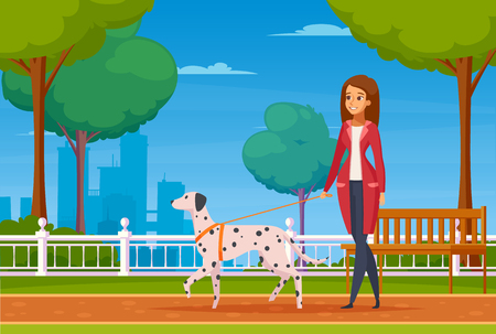 Colored cartoon background with young woman walking in city park with her dog of dalmatian breed vector illustration   のイラスト素材