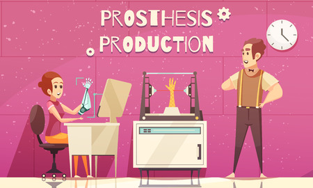 Bionic prosthesis composition with doodle style text and human characters in artificial limb production laboratory vector illustrationのイラスト素材