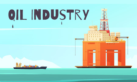 Oil production industry composition with flat seascape and tension leg offshore platform for oil extracting vector illustrationのイラスト素材