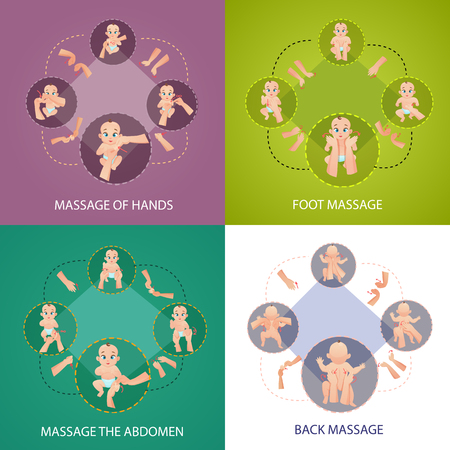 Baby massage concept icons set with foot and back massage symbols flat isolated vector illustration.のイラスト素材