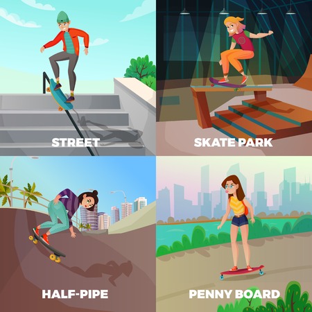 Extreme skateboarding 2x2 design concept with young people skating on city streets and urban constructions flat vector illustration.のイラスト素材