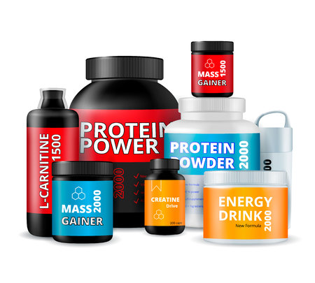 Sport fitness food supplements nutrition bottles. Realistic composition with protein powder energy drink, mass gainer. Vector illustration.のイラスト素材