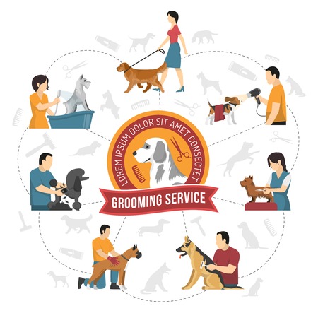 Grooming service round composition with hairdressing company emblem and silhouette images of pets with human characters. Vector illustration.のイラスト素材