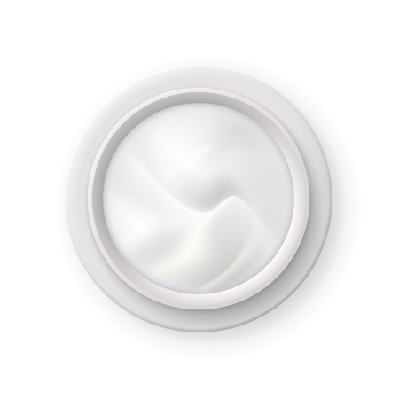 White nourishing cream in opened jar top view. Realistic image of skin care cosmetics product. Vector illustration.のイラスト素材