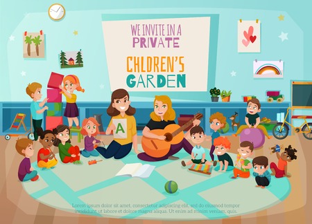 Kindergarten poster with kids game room and playing symbols. Flat vector illustration.のイラスト素材