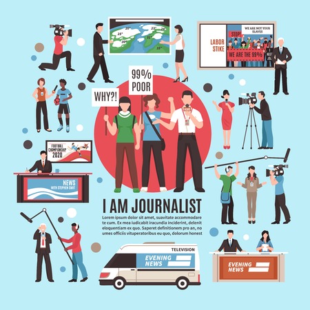 Journalist profession composition on blue background with live reportage, tv news program, weather forecast, interview. Vector illustration.