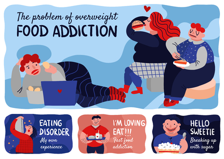 Gluttony horizontal banners set with eating disorder symbols. Flat isolated vector illustration.のイラスト素材