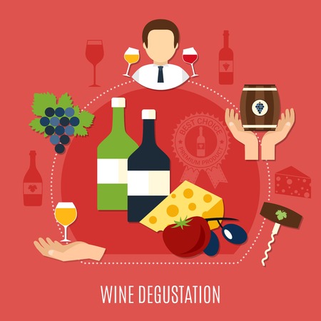 Flat design wine degustation various starters and sommelier concept on pink background. Vector illustration.のイラスト素材