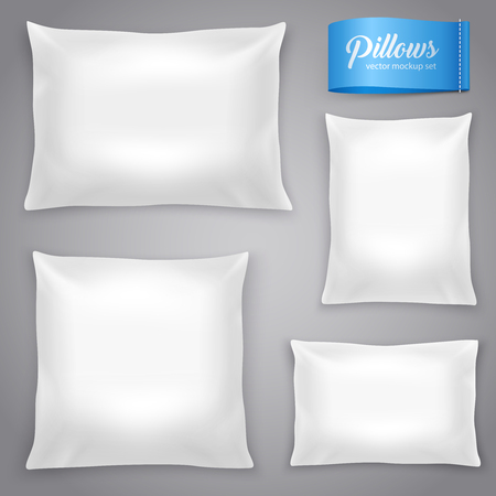 White realistic inner cushions pillows set with filling for soft support. Rectangular and square models vector illustration.のイラスト素材