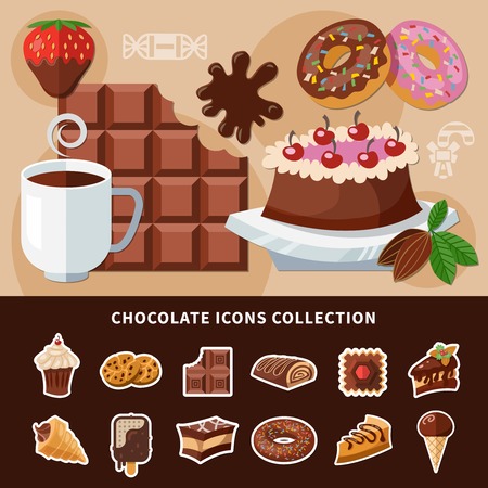 Chocolate products collection of flat icons with cake, donuts, ice cream, Swiss roll, cookie. Isolated vector illustration.のイラスト素材