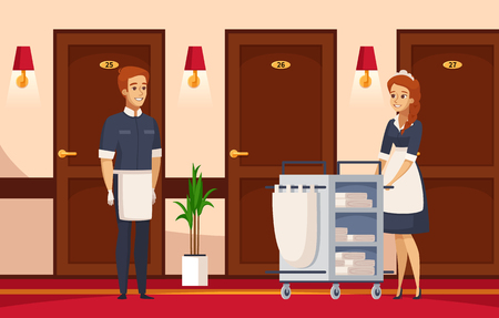 Hotel staff cartoon composition with cleaner and chambermaid, engaged in performance of service duties. Vector illustration.のイラスト素材