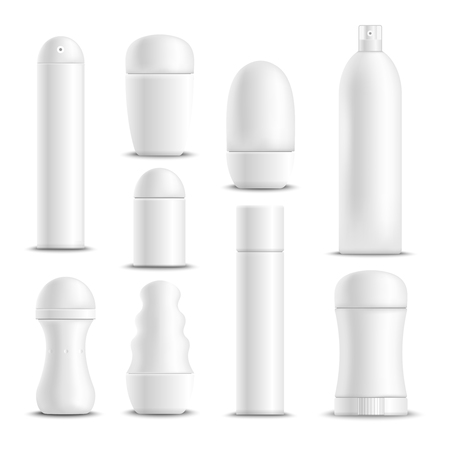 Deodorants spray sticks and roll-on types antiperspirant white blank mock-up realistic set isolated vector illustrationのイラスト素材