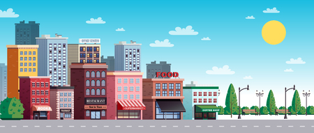 City town summer sunny day street view with colorful office buildings houses trees shrubs lanterns vector illustrationのイラスト素材