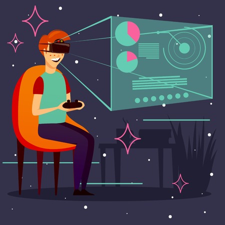 Man in virtual reality headset with control panel during computer game, dark background, orthogonal vector illustrationのイラスト素材