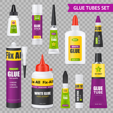Glue sticks bottles tubes with various types adhesives realistic images set on gray transparent background vector illustration のイラスト素材