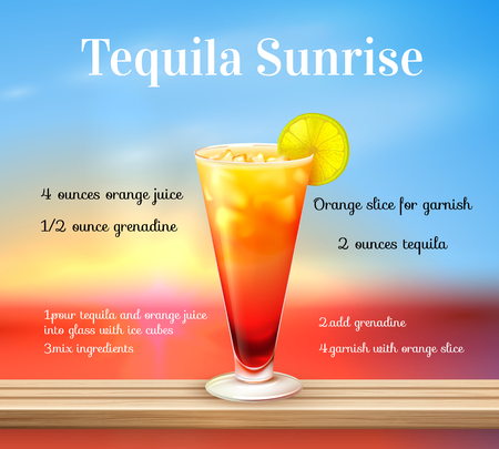 Drinks realistic background with cocktail glass with ice lemon slice and alcoholic drink with recipe text vector illustration.のイラスト素材
