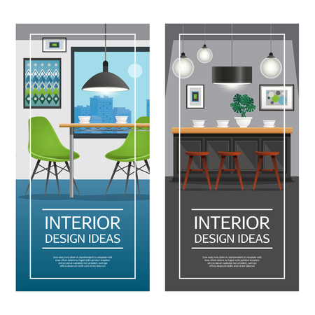 Modern kitchen furniture 2 vertical banners set with day and night interior design view isolated vector illustrationのイラスト素材