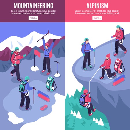 Mountain tourism vertical banners with alpinists climbing on rock and hoisting flag on peak isometric vector illustration のイラスト素材