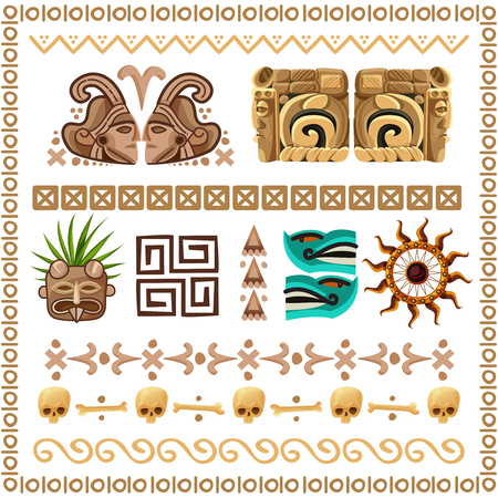 Colored cartoon set of ornaments patterns and  decorative elements on ancient mayan culture theme vector illustration のイラスト素材