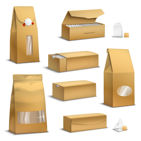 Brown sack kraft paper tea bags and loose leaves packs boxes packages realistic set isolated vector illustrationのイラスト素材