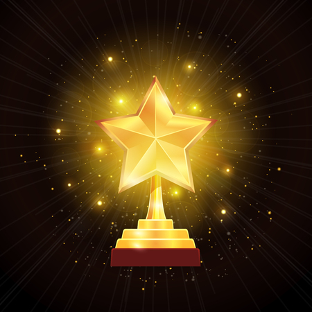 Winner glowing gold star trophy award with hazy halo of lights on black background realistic vector illustration のイラスト素材