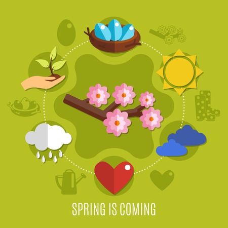 Bright flat design spring easter concept with blooming branch sun and eggs in nest on green background vector illustrationのイラスト素材