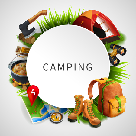 Camping colored realistic composition with frame on the theme in round shape vector illustrationのイラスト素材