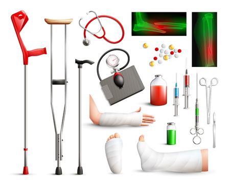 Trauma surgery realistic set with radiograph plastered limbs stick crutches surgical tools  on white background isolated vector illustration  のイラスト素材