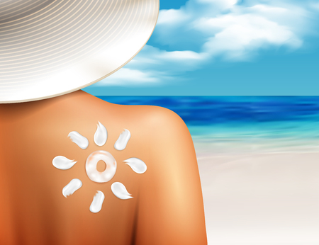 Sun cream protecting from sunburn cosmetics realistic advertisement poster with sunblock lotion on human shoulder vector illustrationのイラスト素材