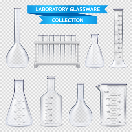 Realistic laboratory glassware collection with test-tubes on plastic stand, beakers isolated on transparent background vector illustration  のイラスト素材