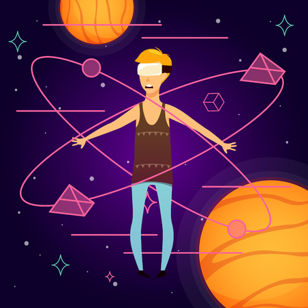 Man in headset during perception of virtual space with geometric objectsのイラスト素材