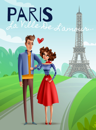Paris as city of love cartoon poster with young couple at eiffel tower background vector illustrationのイラスト素材