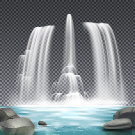 Cascade fountain waterworks realistic architectural element design with stones and waterfall on dark transparent background vector illustration   のイラスト素材
