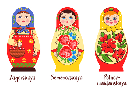 Russian traditional matryoshka set of three isolated images with different stacked dolls with different colouring artworks vector illustrationのイラスト素材