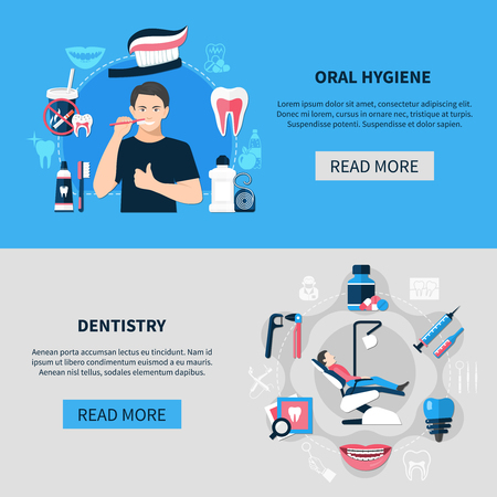 Dental horizontal banners with oral hygiene and dentistry decorative icons set flat vector illustration のイラスト素材