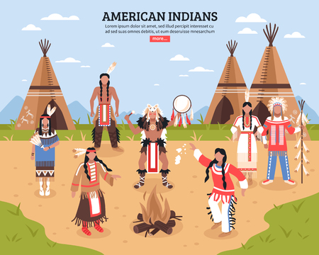 American indians cartoon poster with teepees in tribal location and native americans dancing around fire flat vector illustrationのイラスト素材