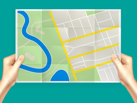 City map in hands realistic composition with human hands holding unfolded plan of the city vector illustrationのイラスト素材