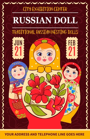 Matryoshka russian traditional poster with drawn style artwork decorative frame russian dolls with editable text and date vector illustrationのイラスト素材