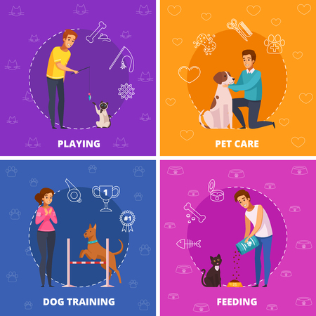 People with pets 2x2 design concept with pet care dog training playing and feeding square icons cartoon vector illustration のイラスト素材