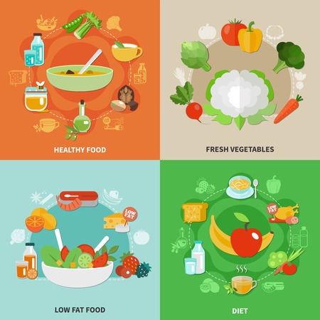 Four squares healthy eating concept with fresh vegetables low fat food and diet descriptions vector illustrationのイラスト素材