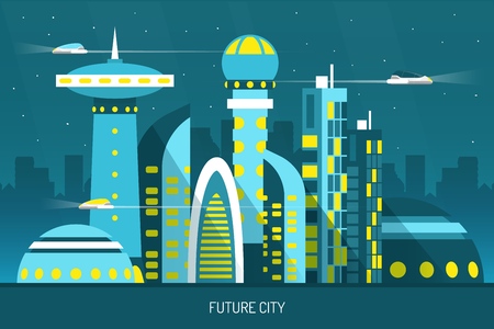 Future city with skyscrapers of various shape, air transports on night sky background horizontal vector illustration のイラスト素材