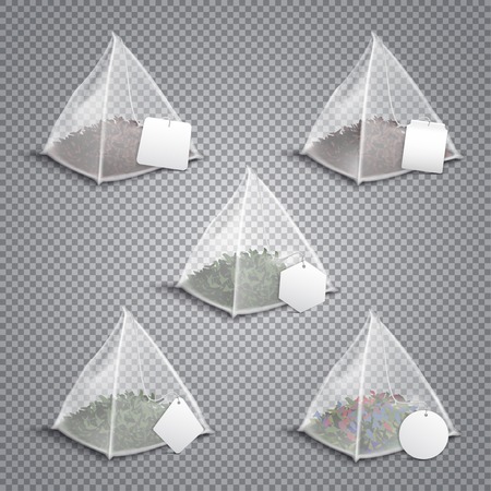 Silky nylon pyramid realistic tea bags collection with various shaped white blank tags transparent background vector illustration のイラスト素材