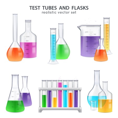Chemical laboratory glassware equipment realistic set of test tubes flasks bottles retorts with colorful reagents isolated vector illustrationのイラスト素材