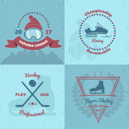 Winter sports emblems 2x2 with extreme contest, snowmobile championship, professional hockey, figure skating isolated vector illustrationのイラスト素材