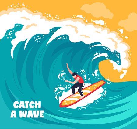 Isometric surf wave composition with text and drawn artwork sea wave with human character of surfer vector illustrationのイラスト素材