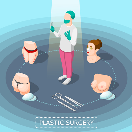 Plastic surgery design concept with doctor in medical suit surgical instruments and body parts for correction isometric icons vector illustration のイラスト素材